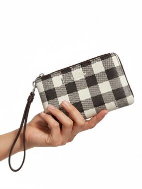 Coach Gingham Buffalo Check Black and White Checkered Leather Wallet Zipper